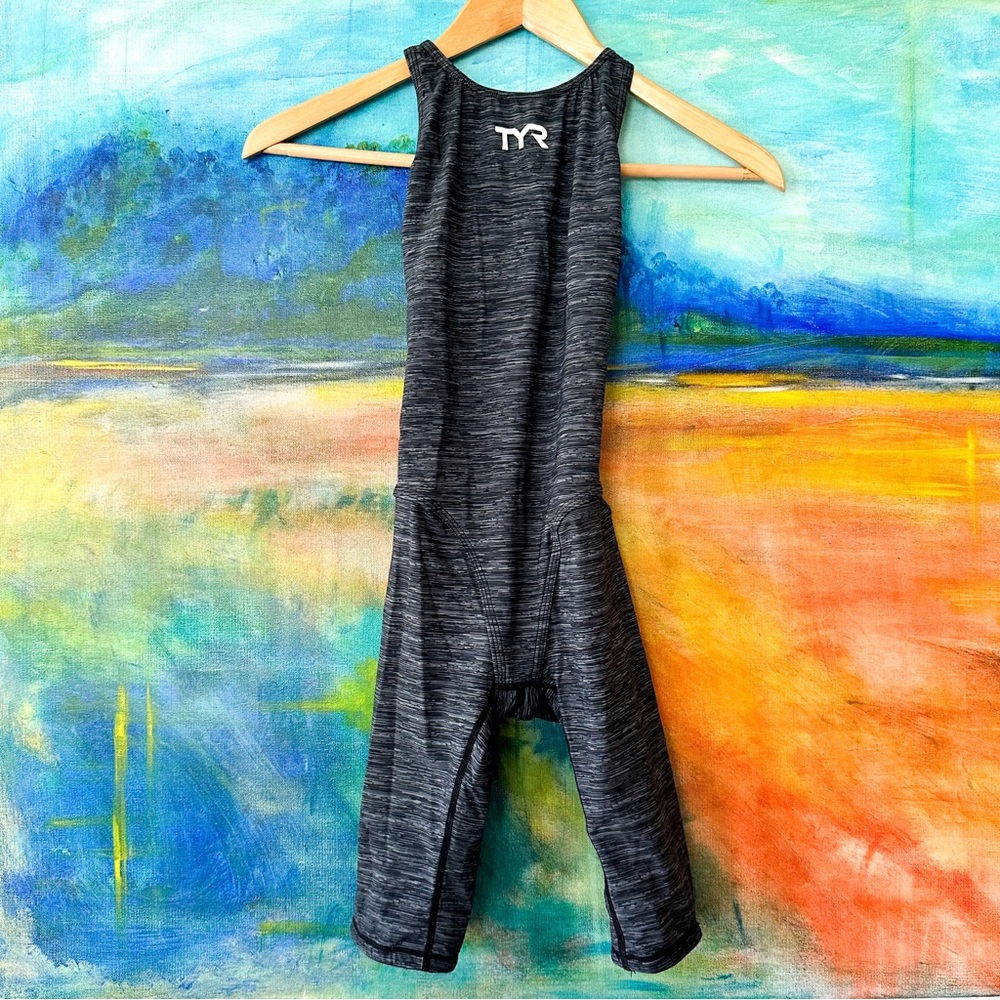 TYR Women's Thresher Black & Grey Open Back Swimsuit U12 Compliant